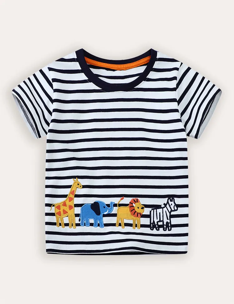 African Animals Applique Short Sleeve T-Shirt