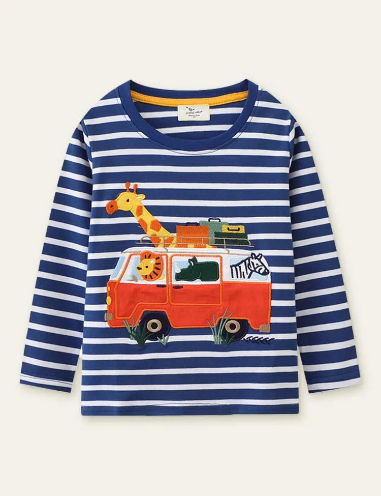 Animal Bus Appliqué Striped Long Sleeve T-shirt - Image 8