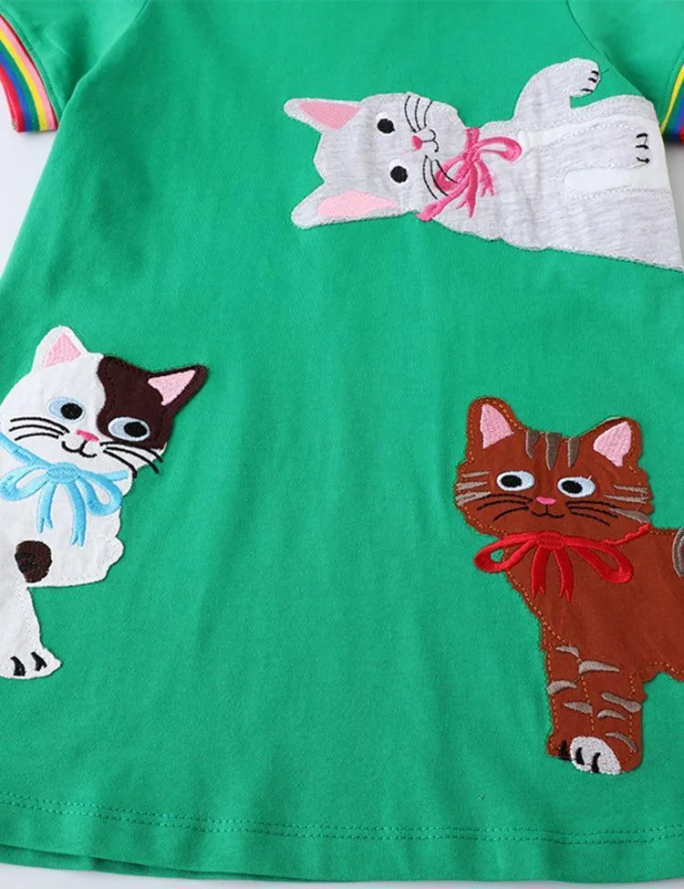 Appliqué Short Sleeve Dress Highland Green Cats - Image 2