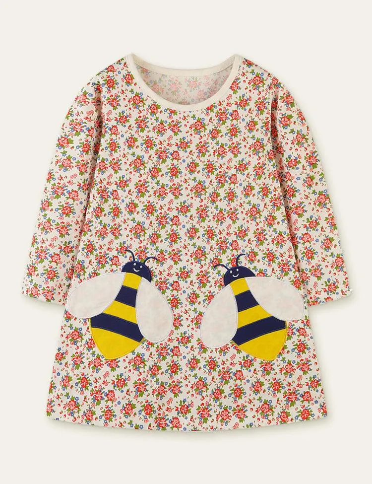 Bee Embroidery Floral Printed Dress