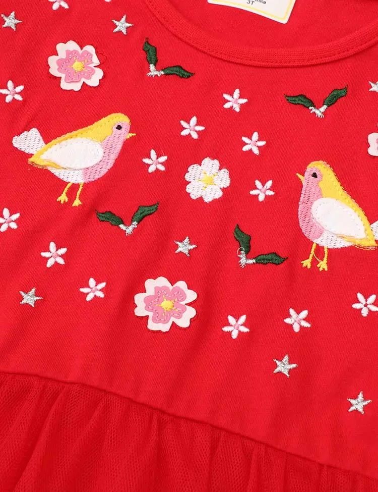 Bird Appliqué Flower Embroidered Long Sleeve Dress - Image 3