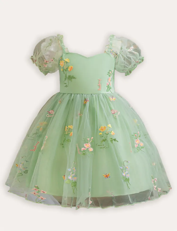 Bubble Sleeve Flower Embroidery Tulle Party Dress - Image 2
