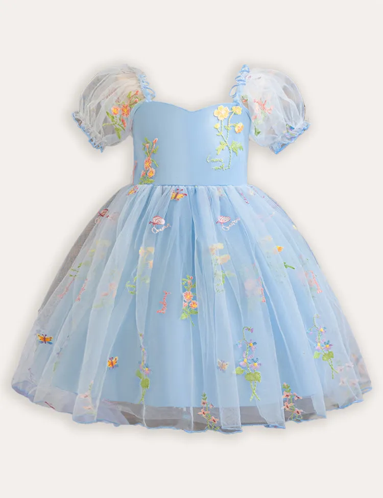 Bubble Sleeve Flower Embroidery Tulle Party Dress - Image 5