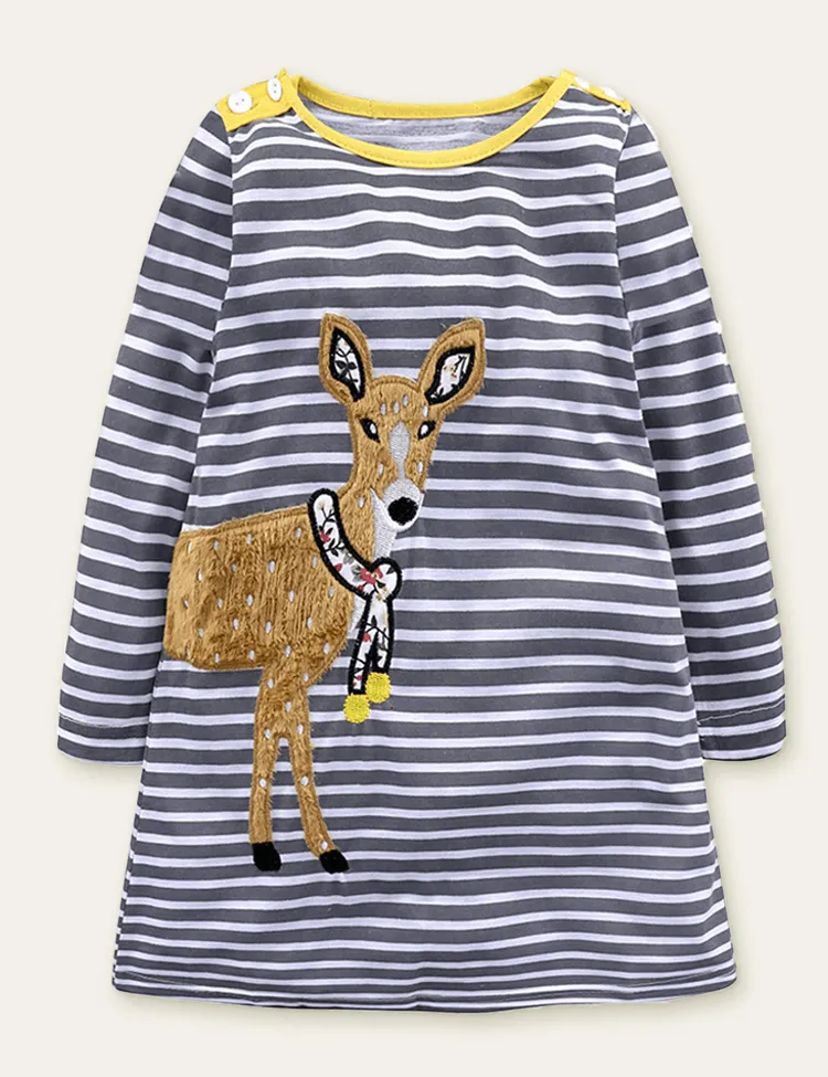 Cartoon Animal Appliqué Striped Long Sleeve Dress - Image 2