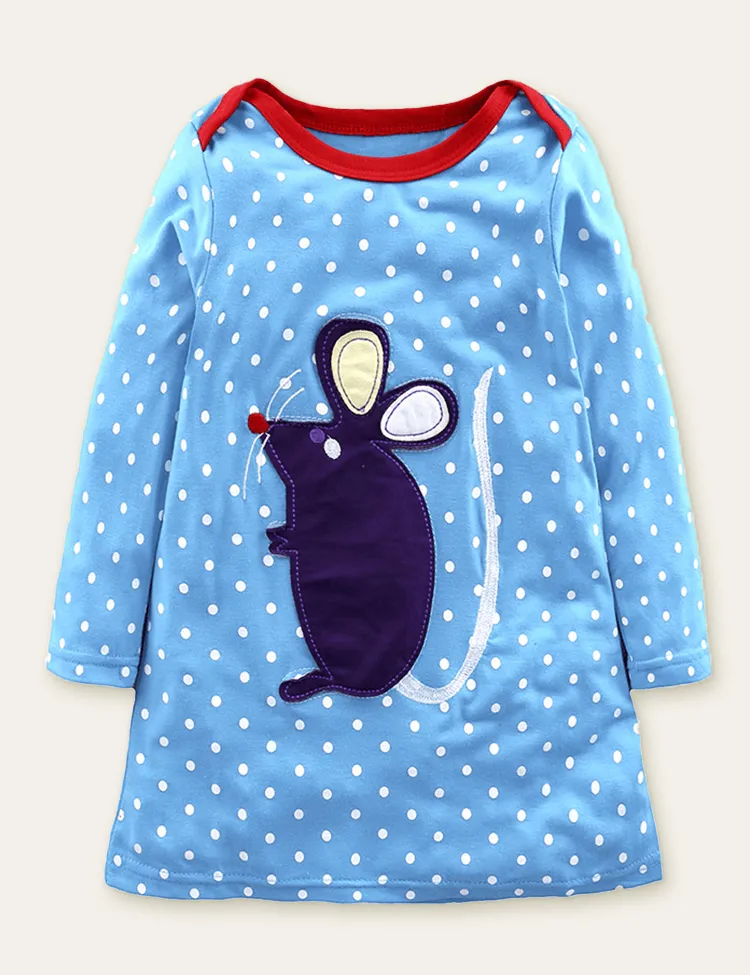 Cartoon Animal Appliqué Striped Long Sleeve Dress - Image 3