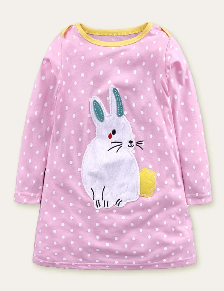 Cartoon Animal Appliqué Striped Long Sleeve Dress - Image 4