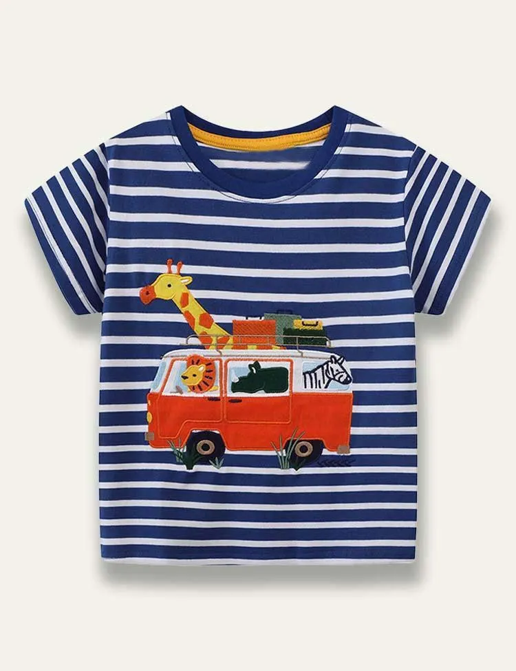 Cartoon Animal Bus Appliqué Stripe T-Shirt
