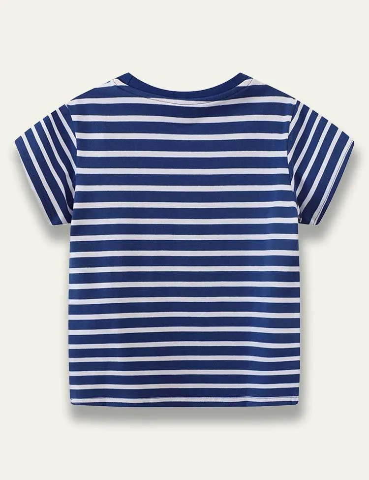 Cartoon Animal Bus Appliqué Stripe T-Shirt - Image 2