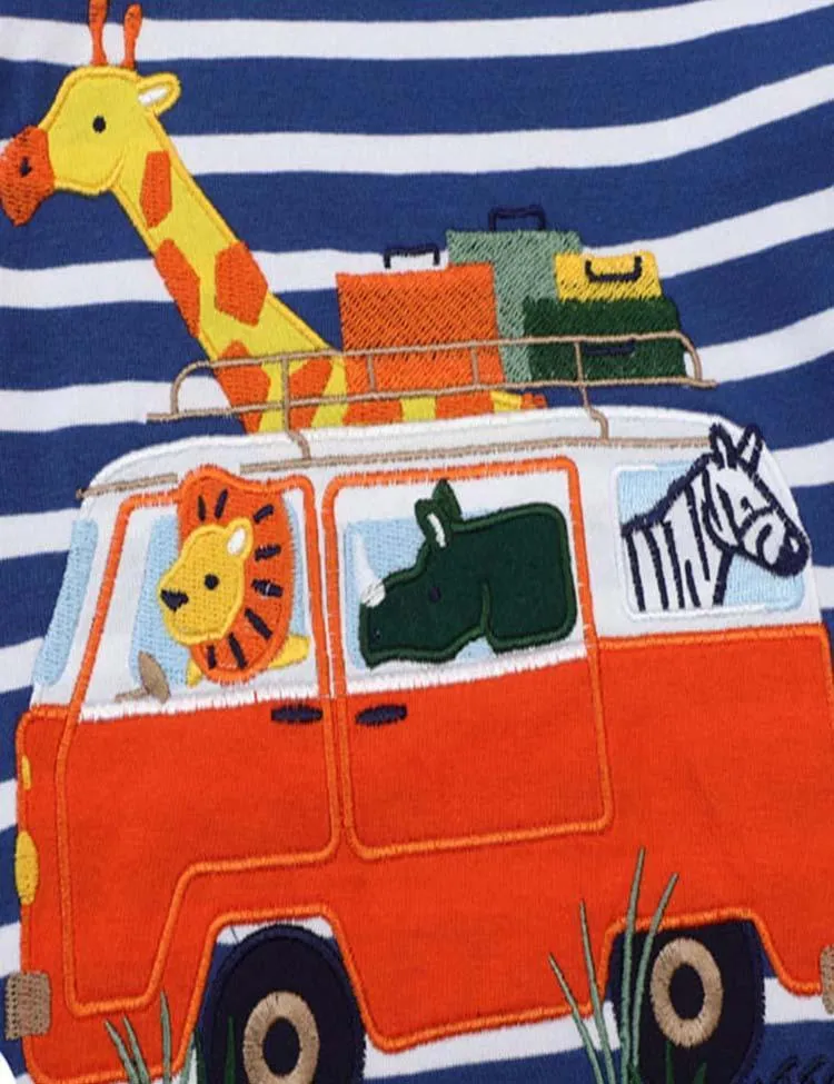 Cartoon Animal Bus Appliqué Stripe T-Shirt - Image 3