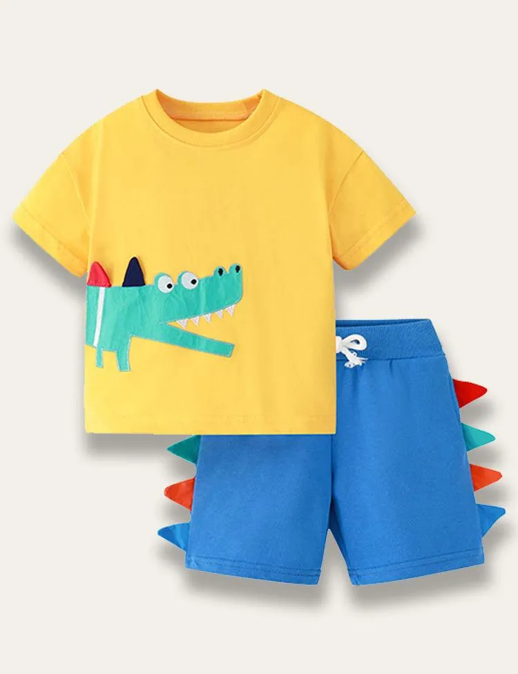 Cartoon Crocodile Appliqué T-shirt Set