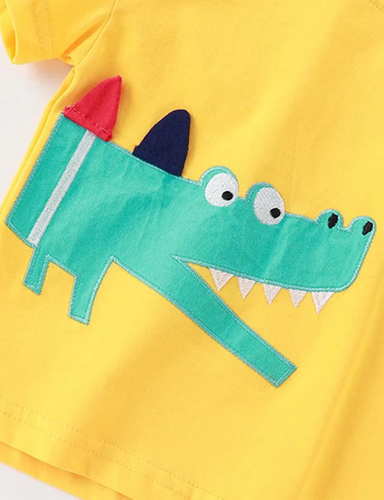 Cartoon Crocodile Appliqué T-shirt Set - Image 2