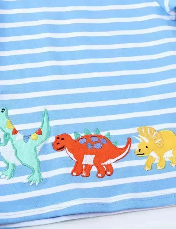 Cartoon Dinosaur Appliqué Long Sleeve Striped T-Shirt - Image 2