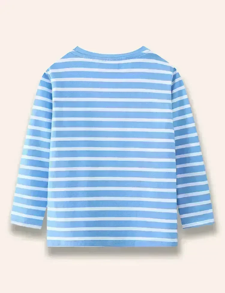 Cartoon Dinosaur Appliqué Long Sleeve Striped T-Shirt - Image 3