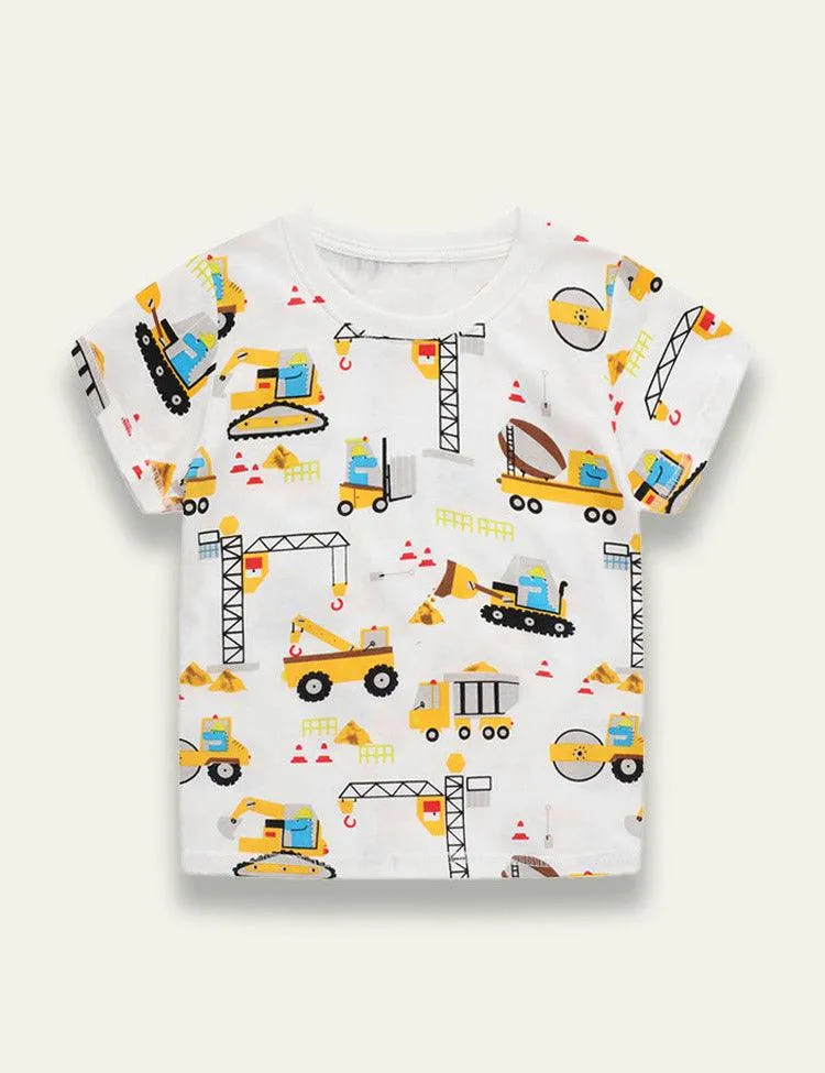 Cartoon Excavator Printed T-shirt