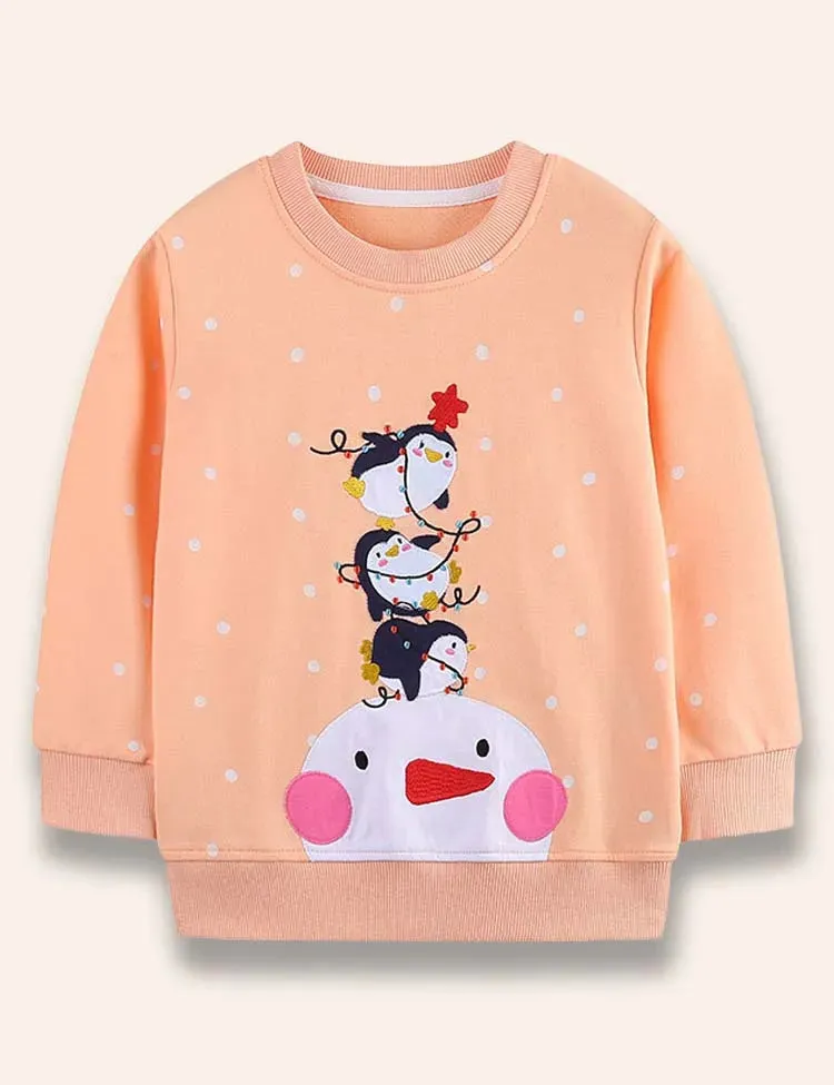Cartoon Penguin Snowman Printed Snow Dotted Sweatshirt
