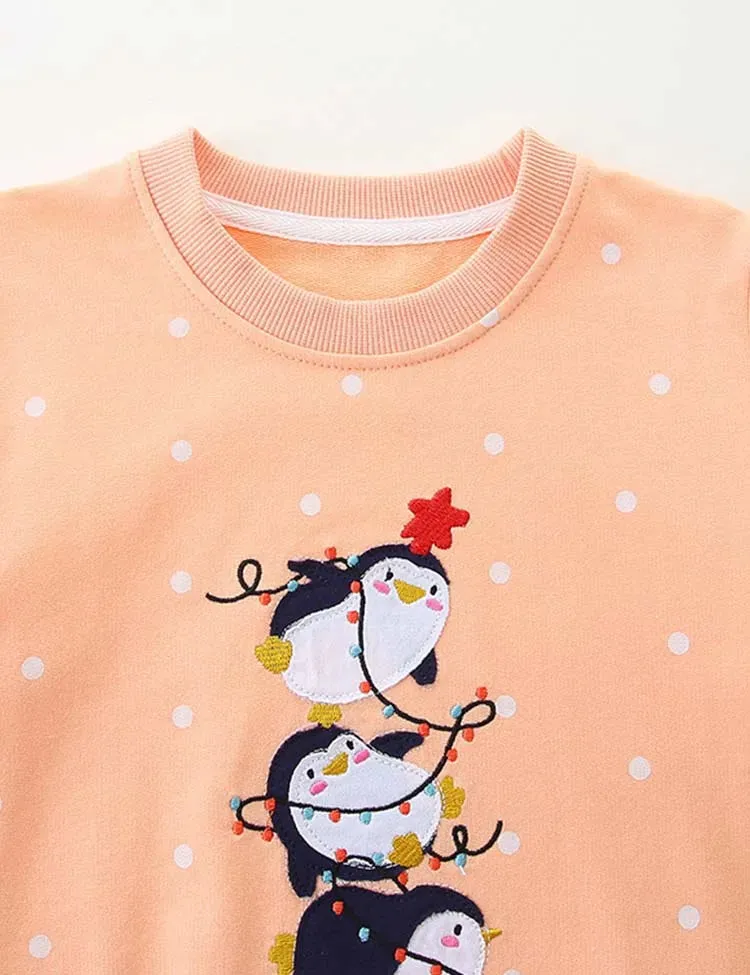 Cartoon Penguin Snowman Printed Snow Dotted Sweatshirt - Image 4