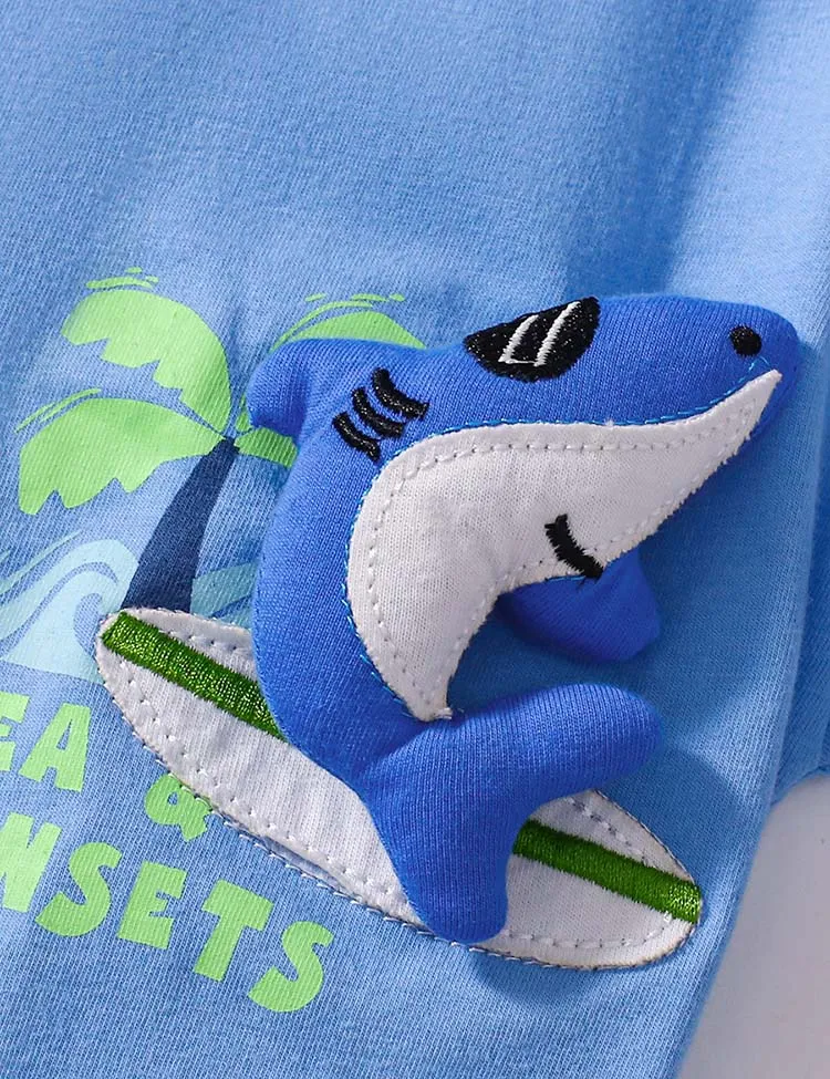 Cartoon Shark Applique Cotton T-shirt Set - Image 3