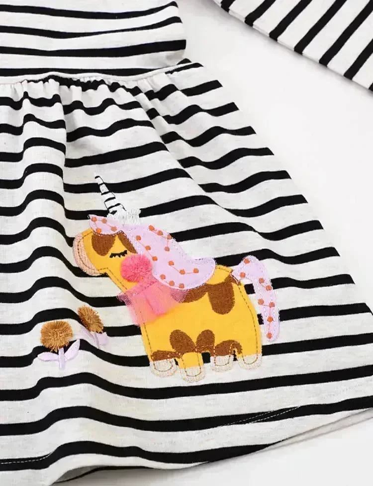Cartoon Unicorn Appliqué Striped Dress - Image 2