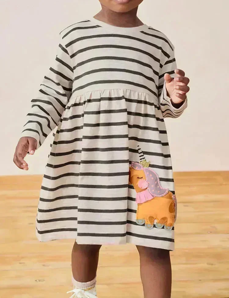 Cartoon Unicorn Appliqué Striped Dress - Image 5