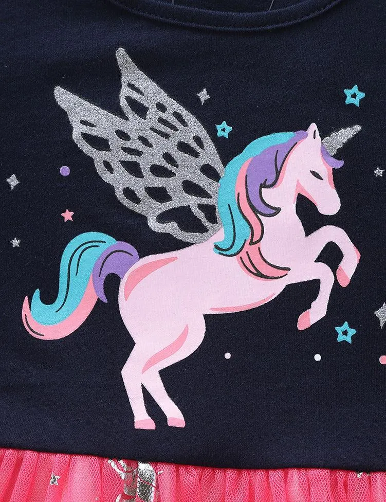 Cartoon Unicorn Printed Mesh Long Sleeve Dress - Image 2