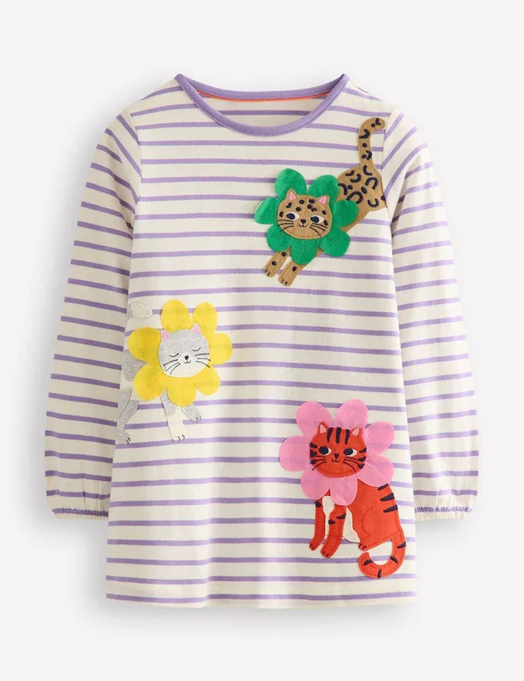 Cat Embroidered Long-sleeved Dress