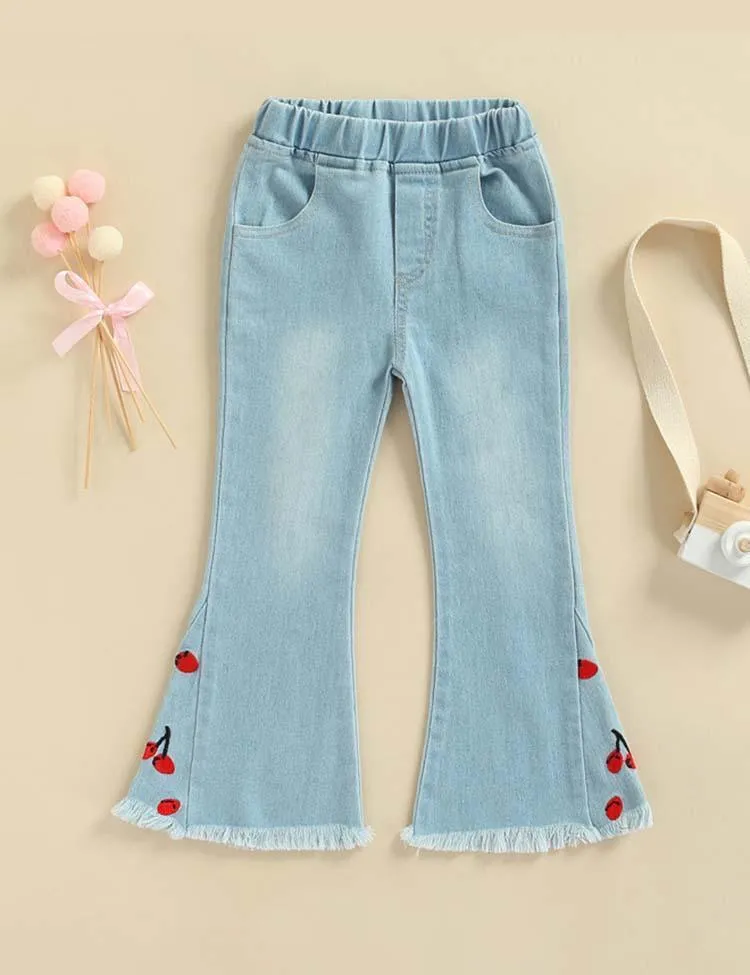 Cherry Embroidered Denim Bell-Bottom Pants - Image 2