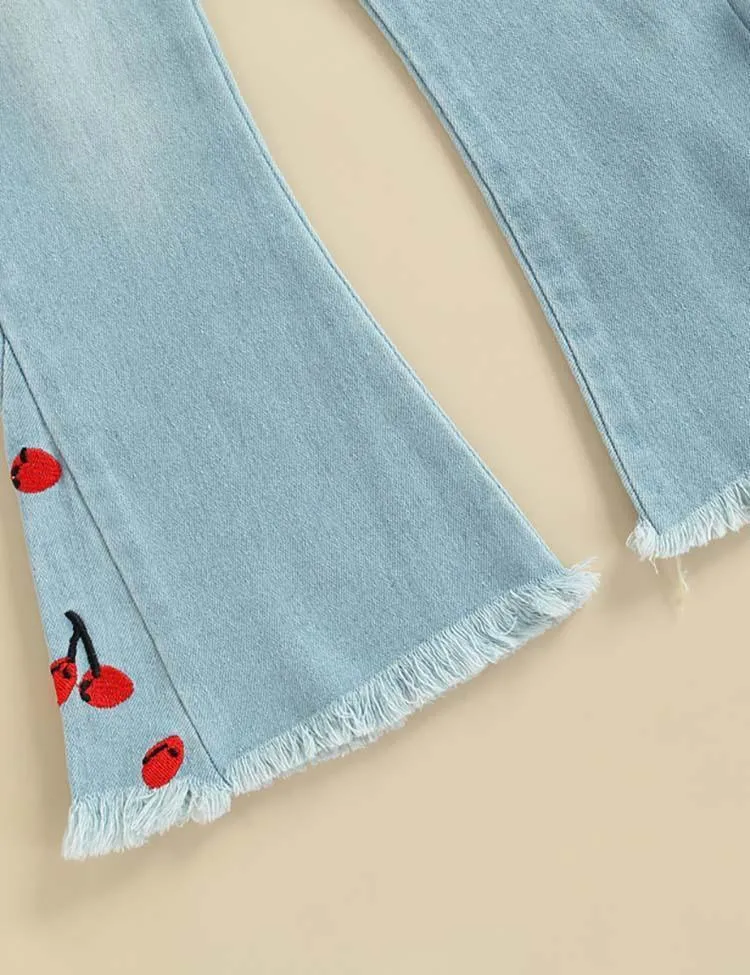 Cherry Embroidered Denim Bell-Bottom Pants - Image 4