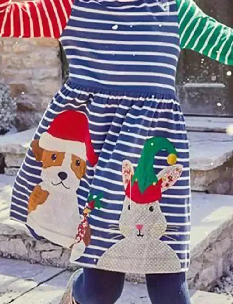 Christmas Animal Friend Appliqué Colorblocked Dress - Image 5
