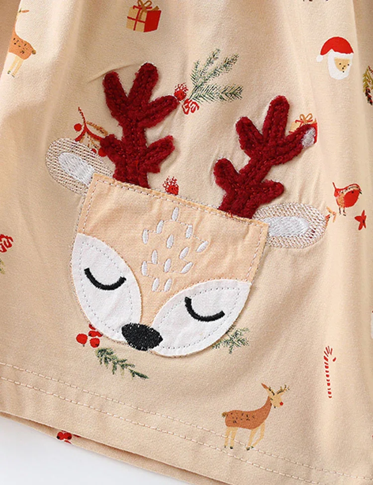 Christmas Little Deer Applique Long Sleeve Dress - Image 4