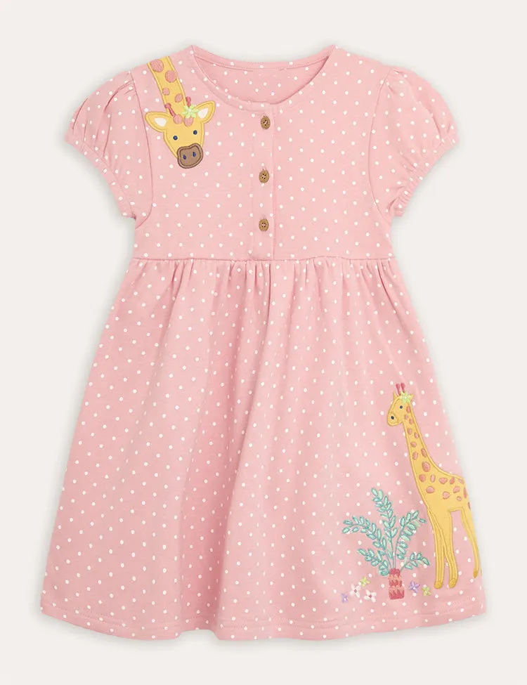 Coral Pink Giraffe Appliqué Button Front Dress