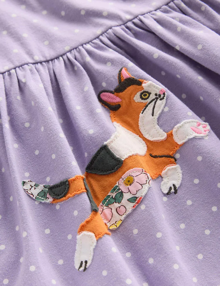 Cute Cat Applique Cotton Dress - Image 3