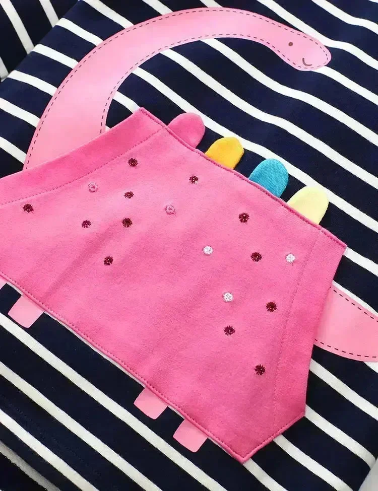Cute Dinosaur Appliqué Hooded Striped Sweatshirt Set - Image 2