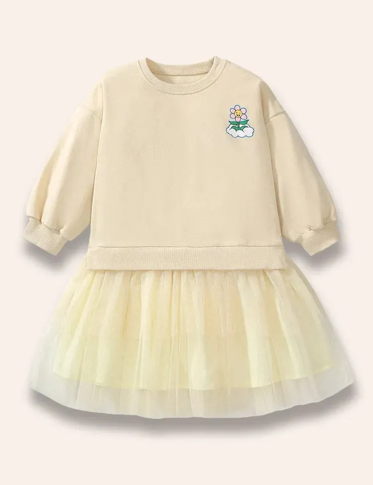 Cute Flower Printed Tulle Skirt Sweatshirt