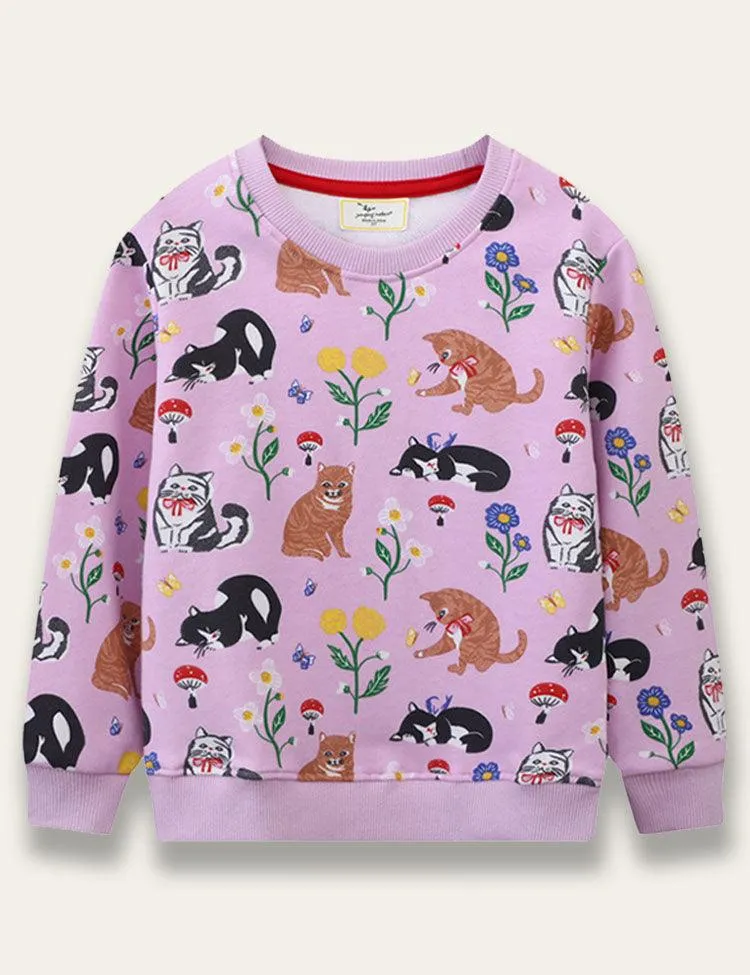 Cute Kitten&Floral Print Sweatshirt