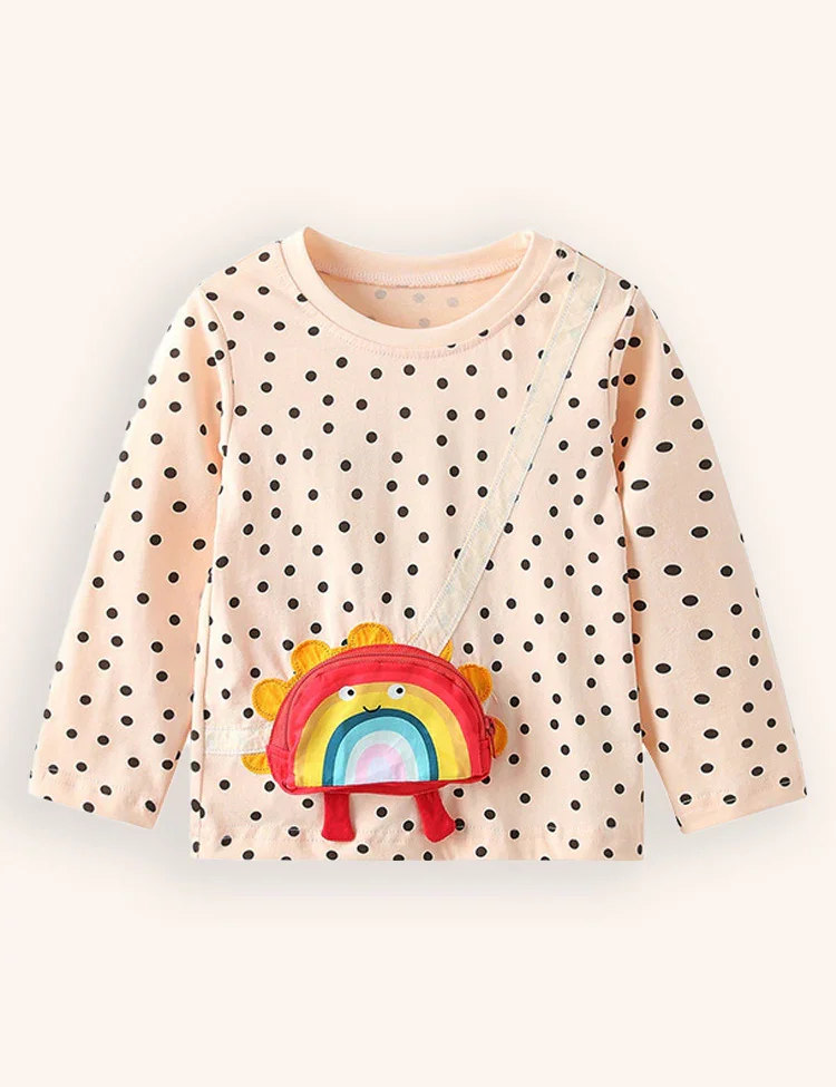 Cute Rainbow Applique Pocket Long Sleeve T-shirt