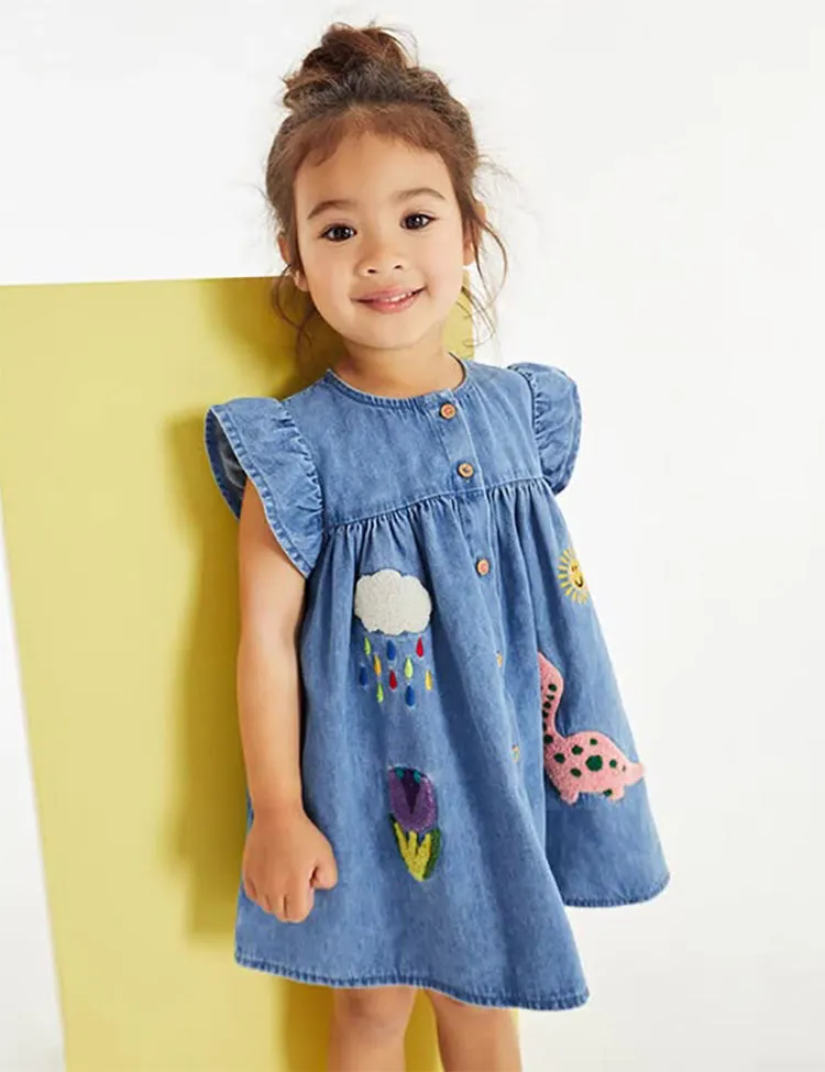 Denim Appliqué Button Dress - Image 2