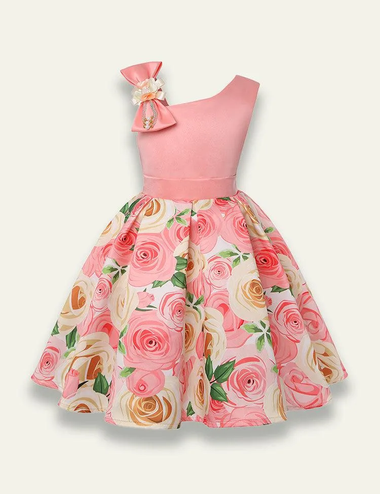 Diagonal Shoulder Rose Printed Party Dress - Image 2