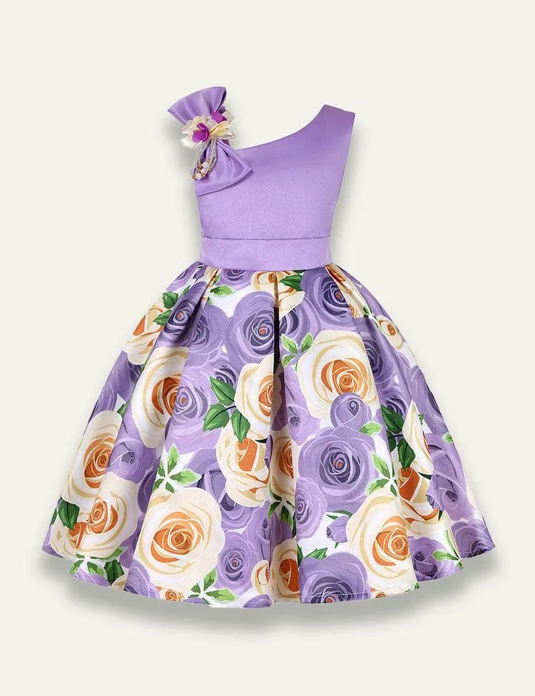 Diagonal Shoulder Rose Printed Party Dress - Image 3