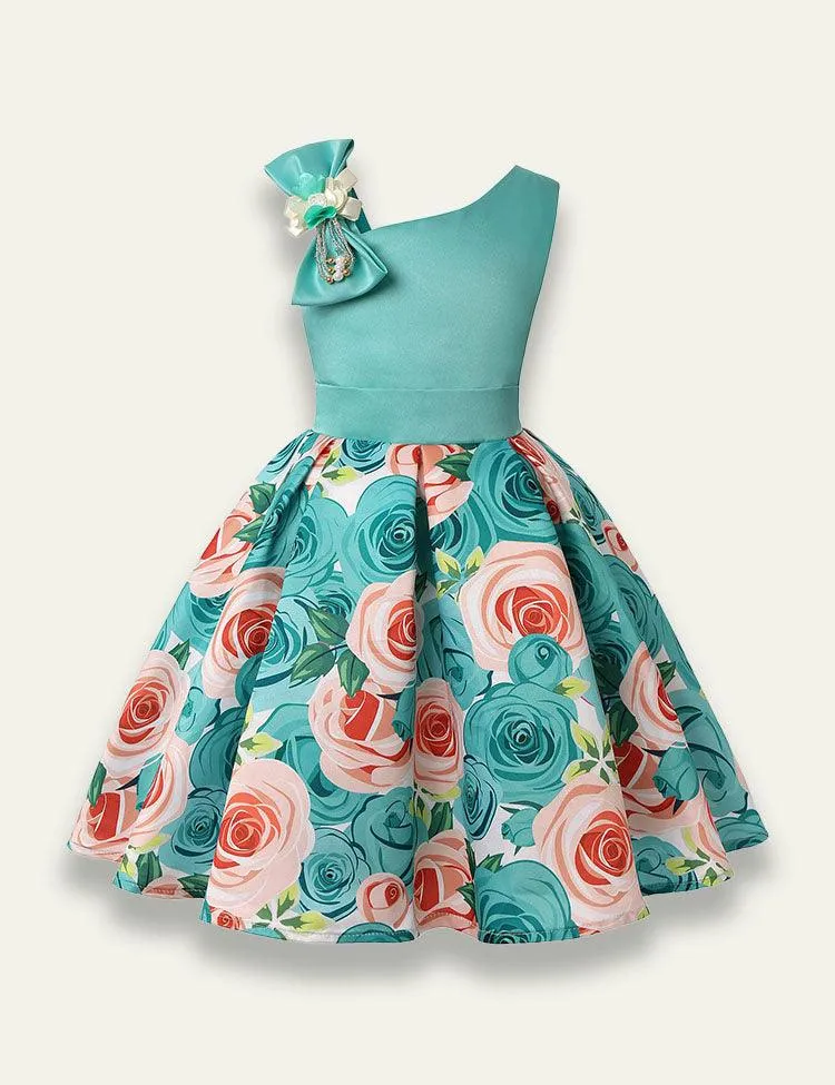 Diagonal Shoulder Rose Printed Party Dress - Image 6