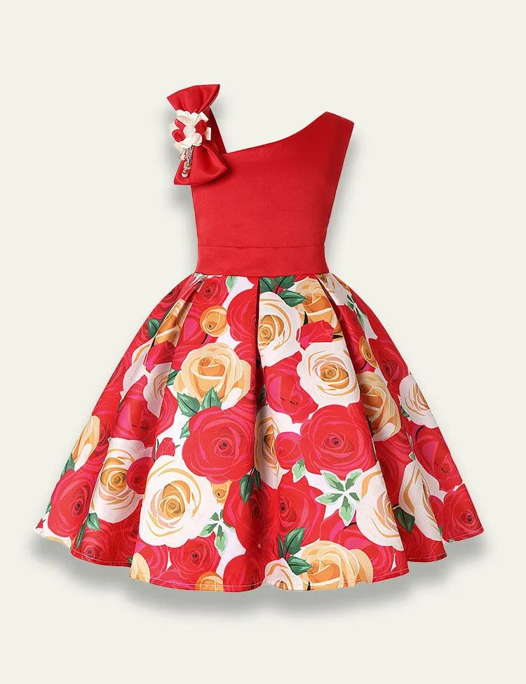 Diagonal Shoulder Rose Printed Party Dress - Image 8