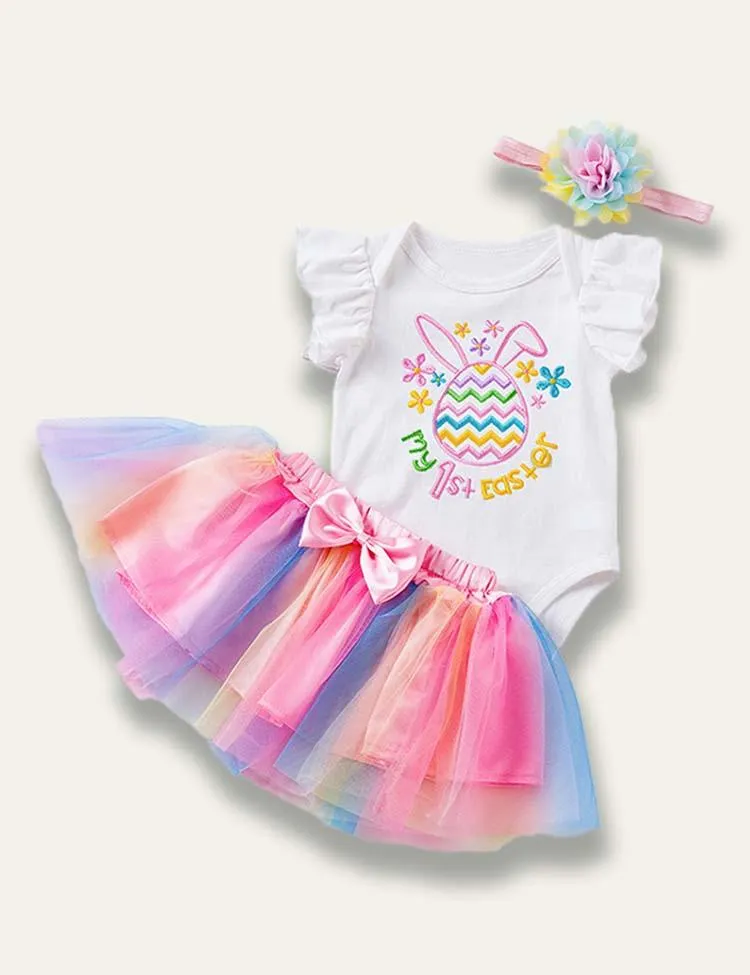 Easter Cartoon Bunny Egg Embroidered Pleated Romper+Rainbow Tulle Skirt - Image 3