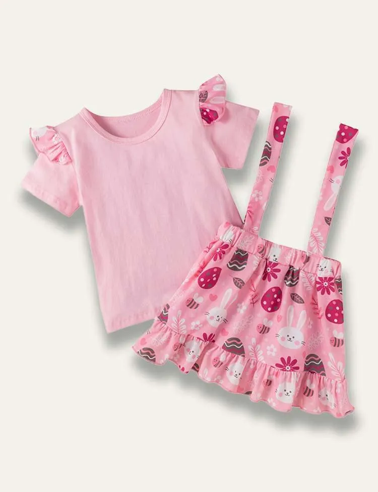 Easter Cartoon Bunny Tulle T-Shirt+Bunny Printed Strap Dress - Image 2