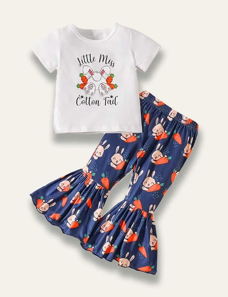 Easter Cartoon Cute Bunny Printed Short Sleeve T-Shirt+Flared Pants - Image 2