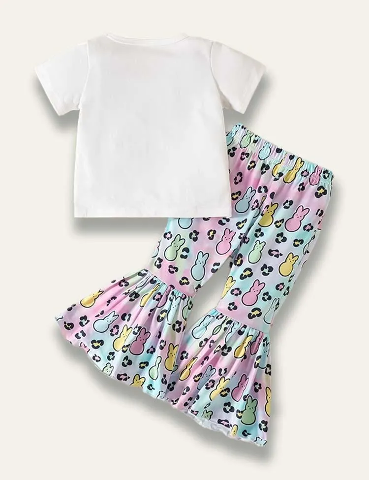 Easter Cartoon Cute Bunny Printed Short Sleeve T-Shirt+Flared Pants - Image 3