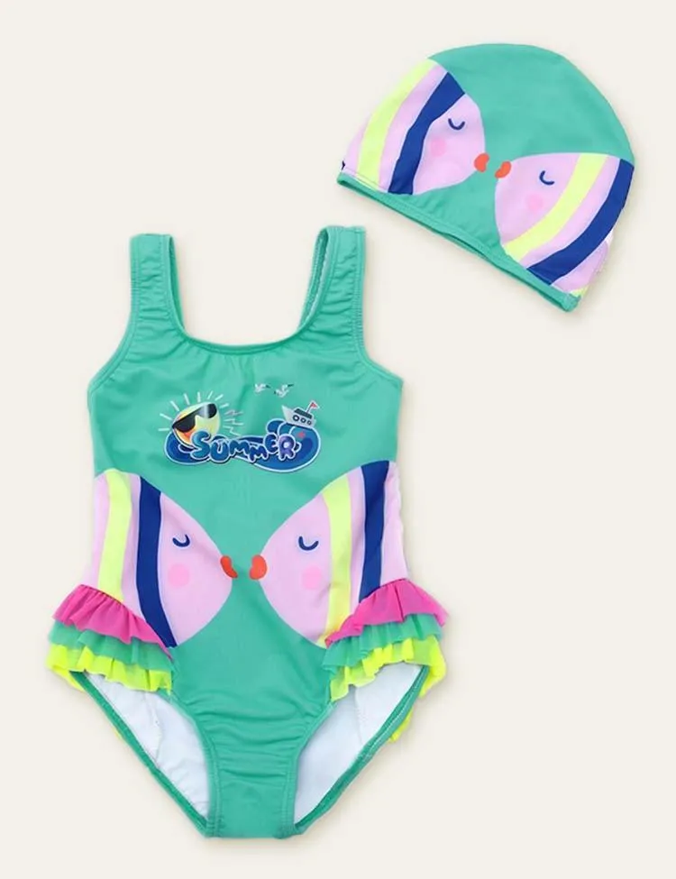 Fish Cute Printed Swimsuit + Swimming Cap - Image 2