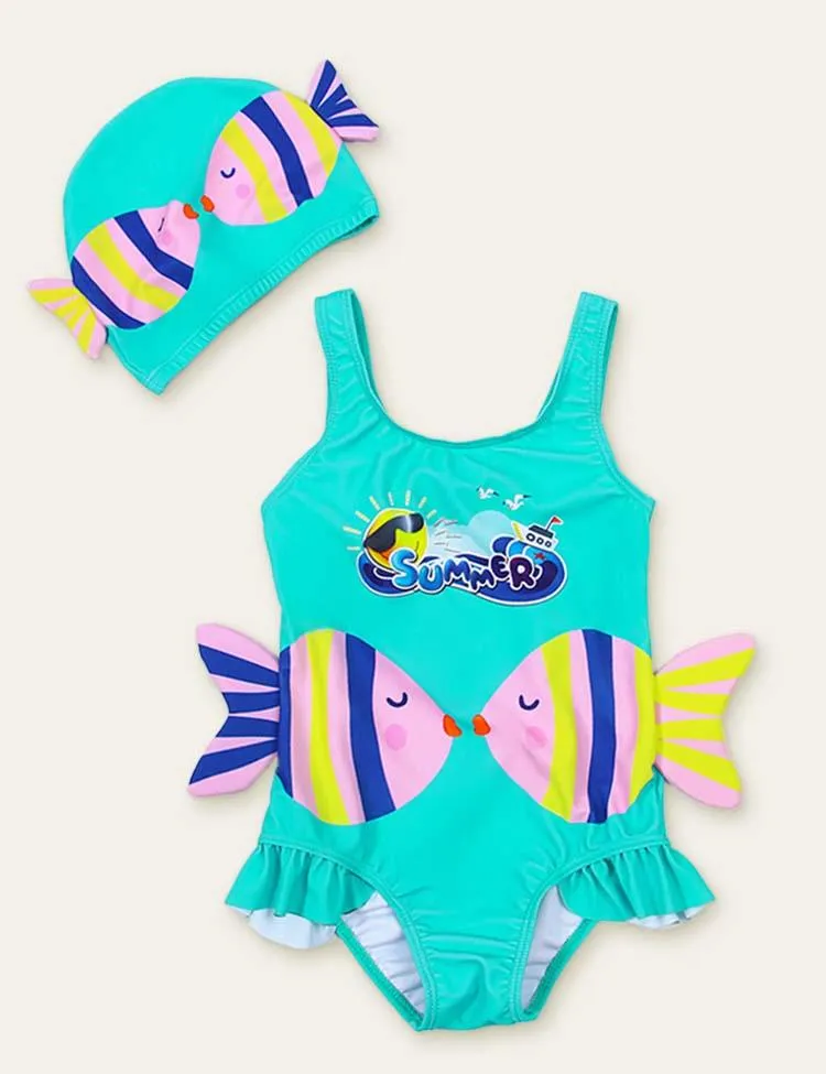 Fish Cute Printed Swimsuit + Swimming Cap - Image 6