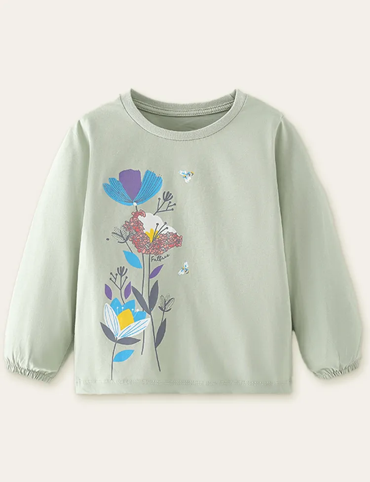 Floral and Bee Printed Long Sleeve T-shirt