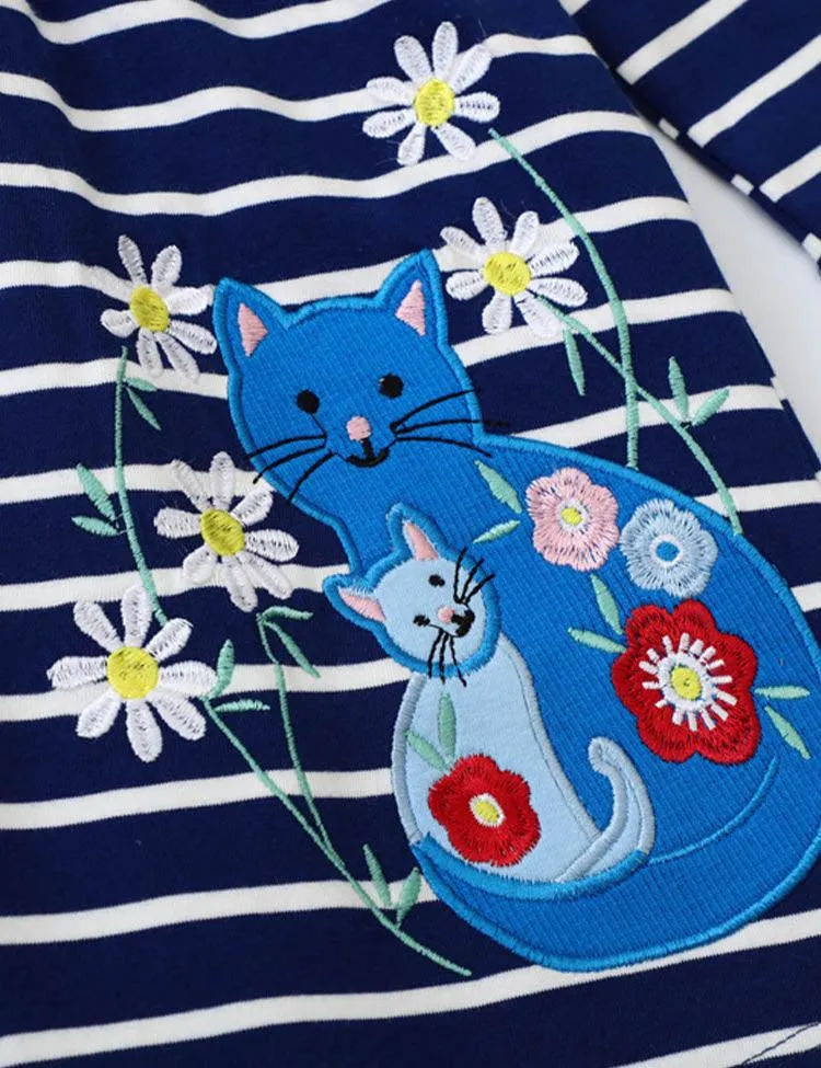 Floral Cat Appliqué Striped Dress - Image 2