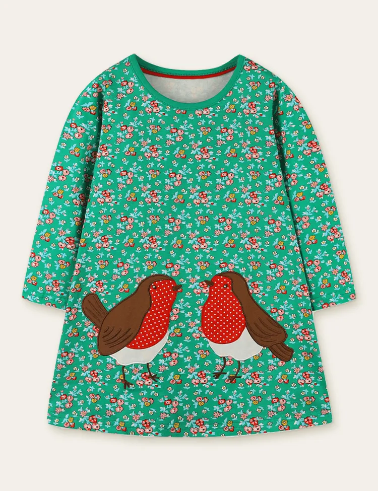 Floral Printed Bird Appliqué Dress