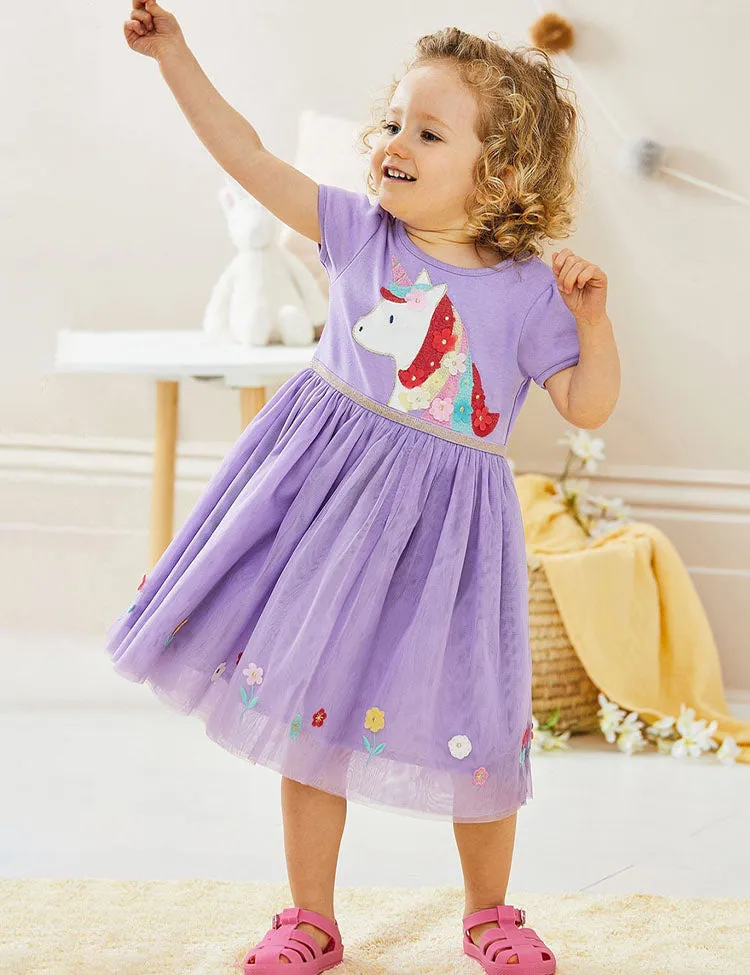 Floral Unicorn Appliqué Tulle Dress - Image 4